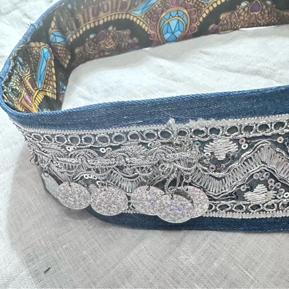 Artisan Boho Denim Coin Belt Handmade Upcycled Festival Waist Belt 33-38 Signed